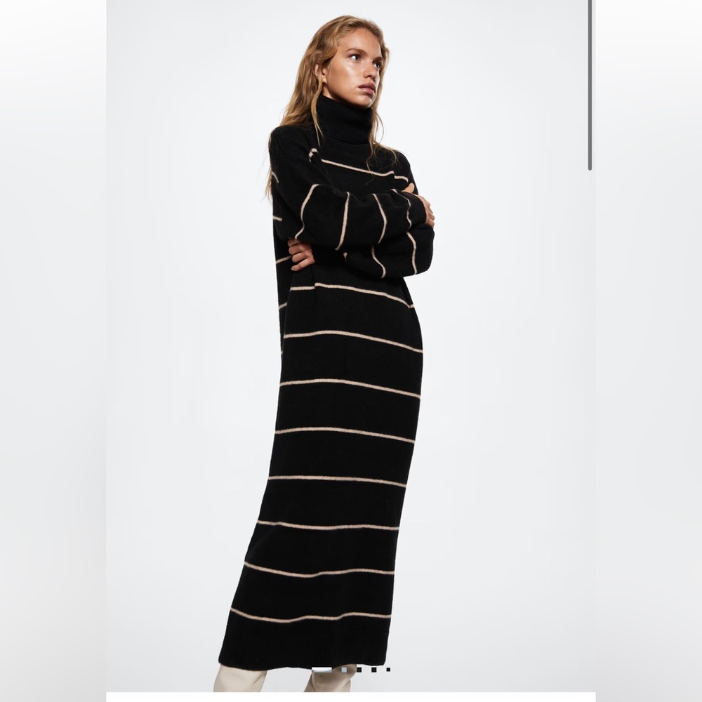 NEW! Mango Black and White Striped KnittedTurtleneck Maxi Dress Medium
